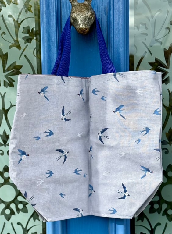 Small nature-inspired tote bag - swifts on soft grey with royal blue webbing