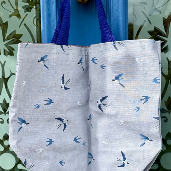 Small nature-inspired tote bag - swifts on soft grey with royal blue webbing