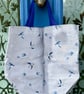 Small nature-inspired tote bag - swifts on soft grey with royal blue webbing