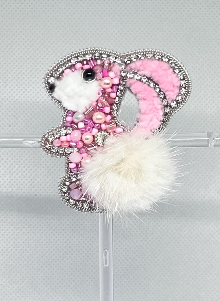 Handmade Bunny Brooch, Pink Beaded Rabbit Pin, Cute Lapel Accessory, Easter Gift