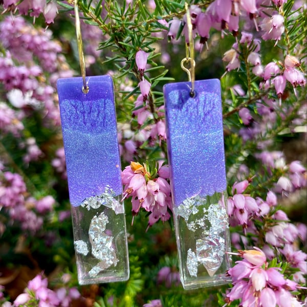 Handmade purple with lilac resin and silver foil rectangle hoop earrings