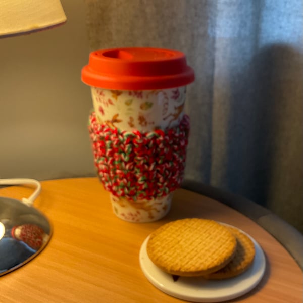 Crochet Cup Cosy Red Multi Colour Coffee, Hot Chocolate Holder