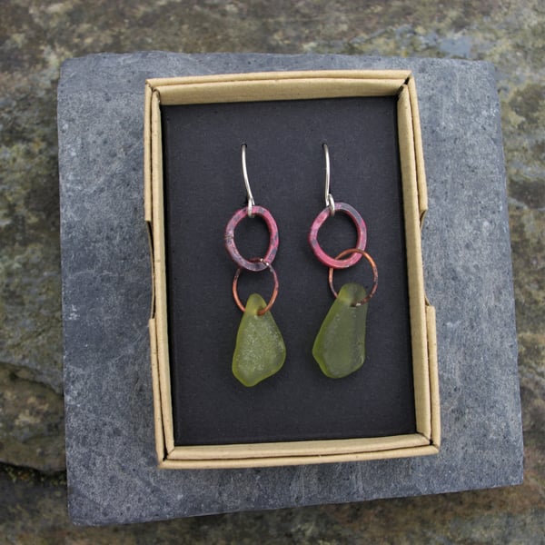 Green Welsh Sea Glass Earrings with Red Copper Circles