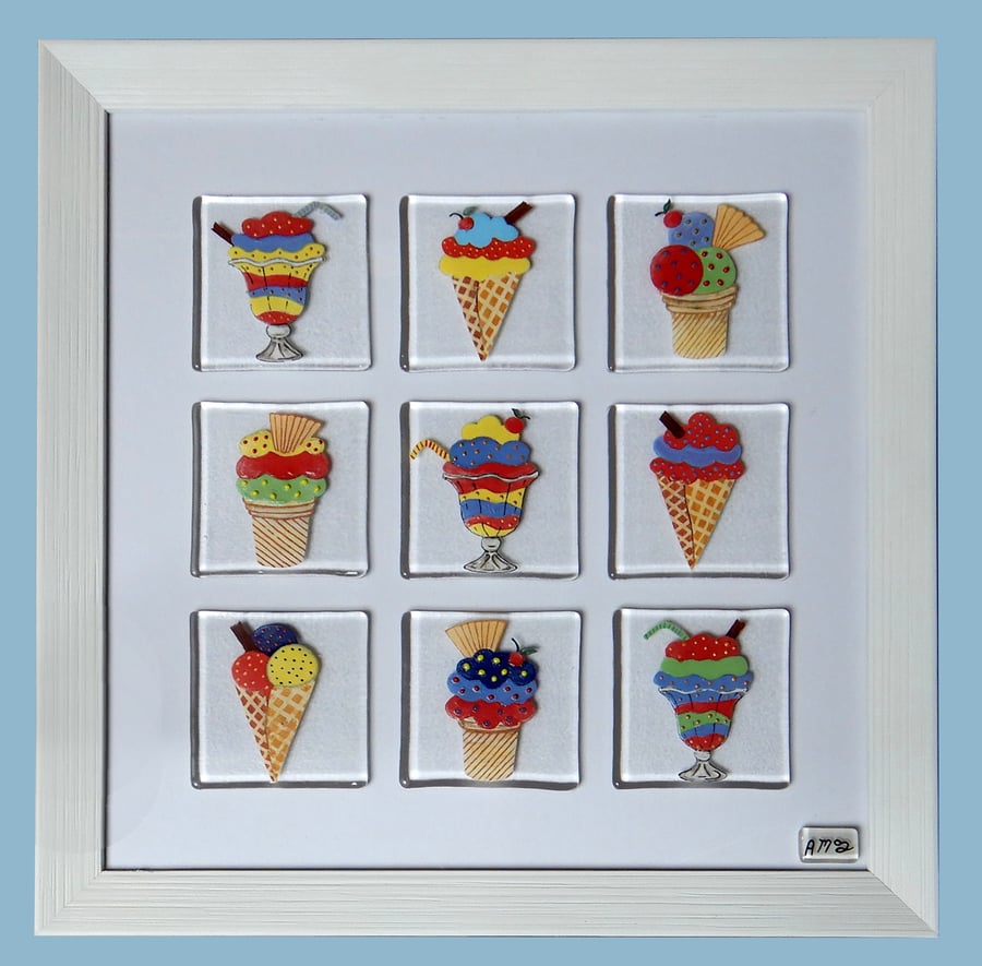 Handmade Fused Glass 'Its Time for Ice-cream' framed picture.