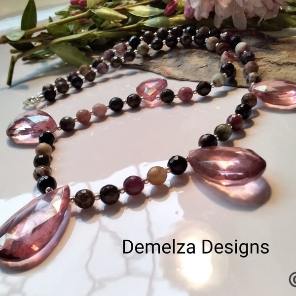 Tourmaline & Pink Faceted Quartz Sterling Silver Necklace