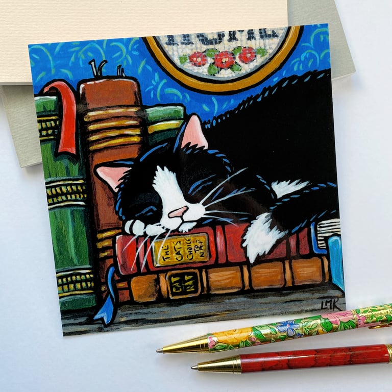 Sleepy Tuxedo Cat & Vintage Books – Illustrated Cat Postcard
