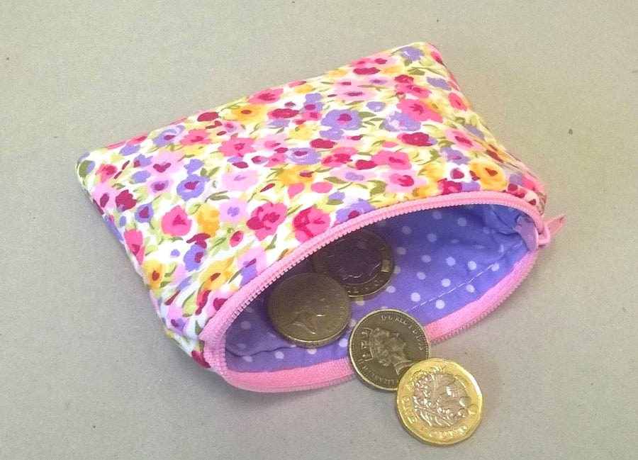 Coin purse in pink and lilac flowers, padded and lined, ladies gift