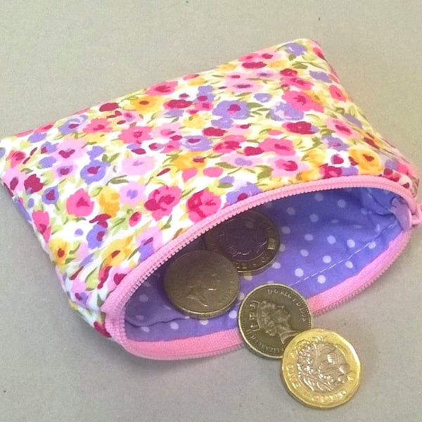 Coin purse in pink and lilac flowers, padded and lined, ladies gift