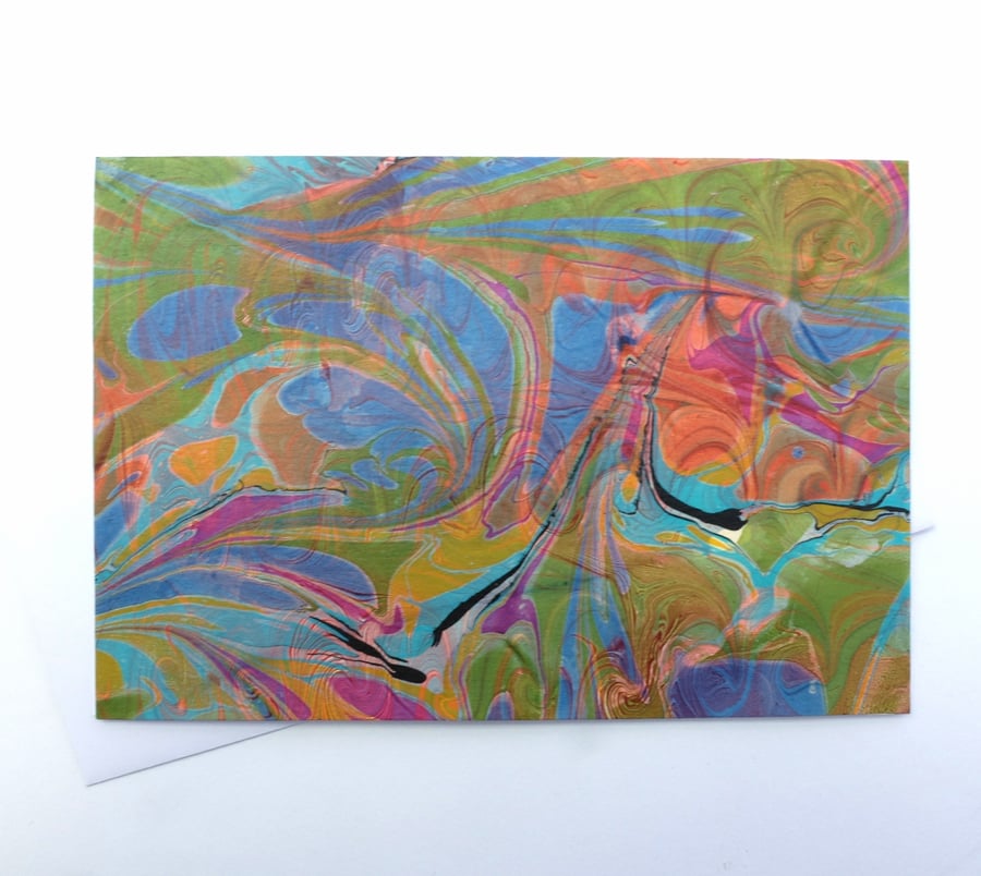 Bright multicoloured marbled paper art greetings card
