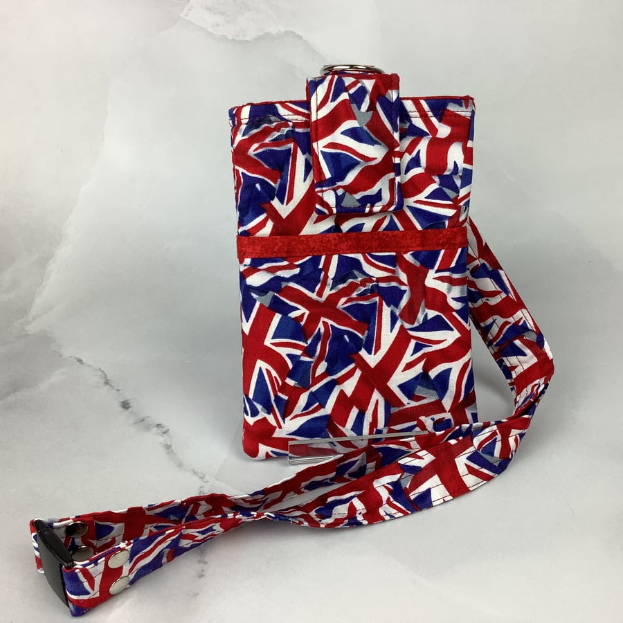 Union Jack neck bag, Flag phone cover, Travel case, Detachable lanyard, Handmade