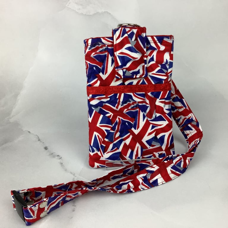 Union Jack neck bag, Flag phone cover, Travel case, Detachable lanyard, Handmade
