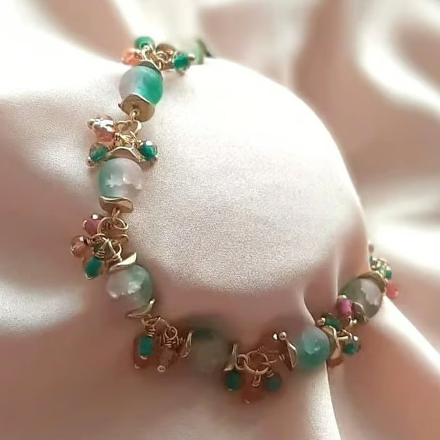Beaded charm bracelet dainty beads  green
