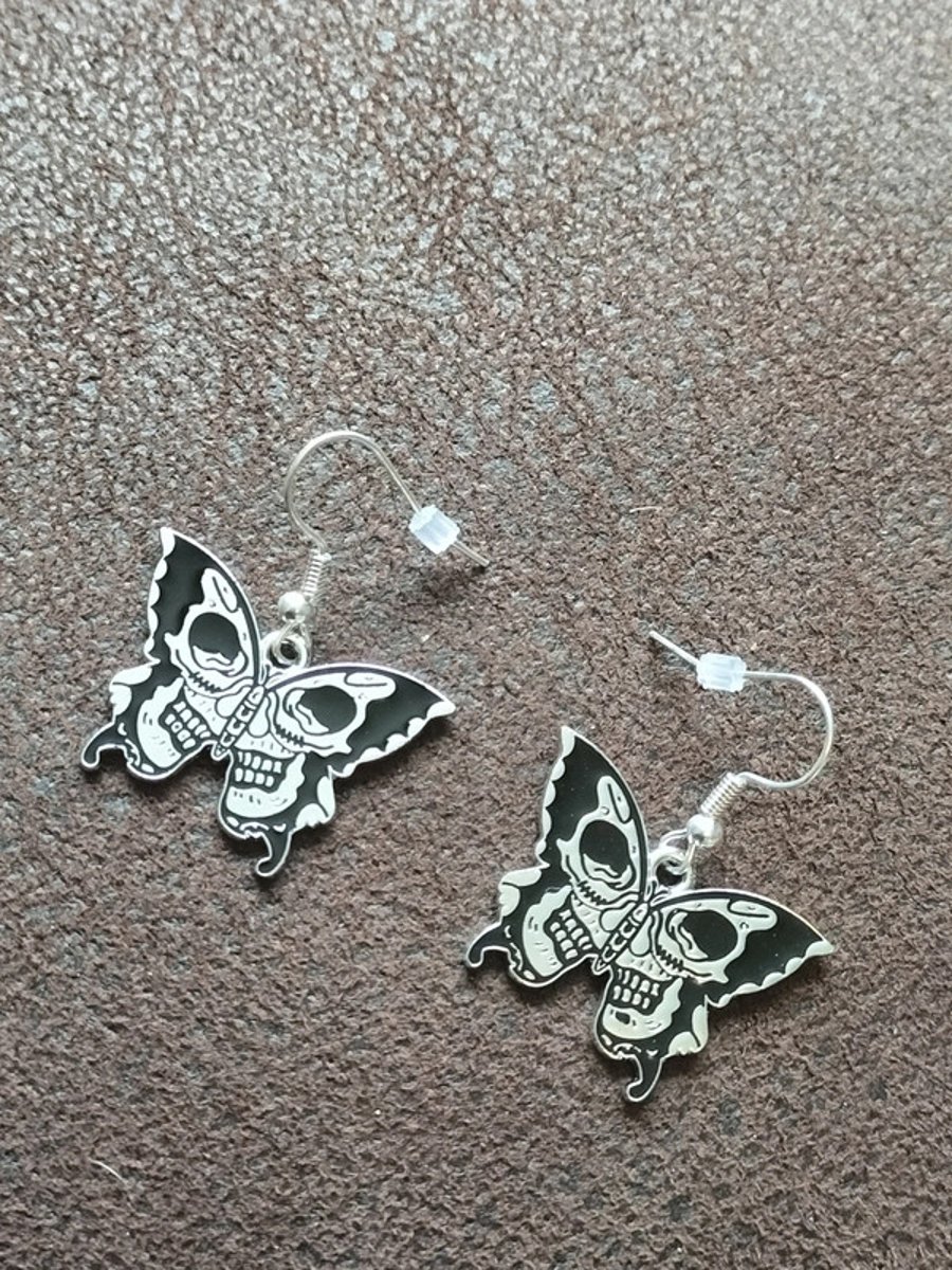 Tibetan Silver Butterfly and Skull Charms Dangly Earrings.