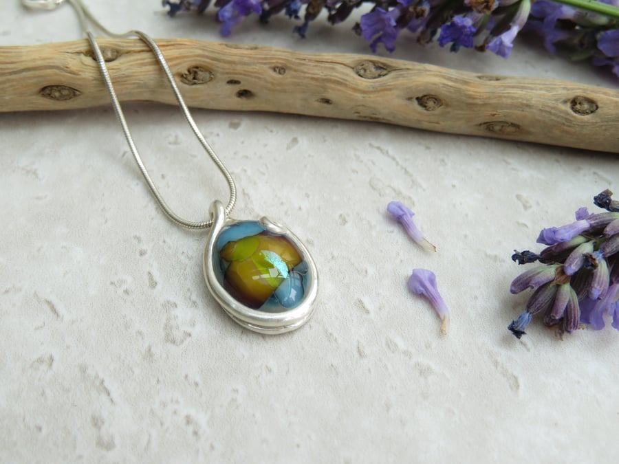 Skies and Meadows Fused Glass and Sterling Silver Pendant Necklace