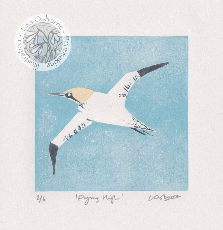 Flying High - original linocut of a gannet - coastal bird