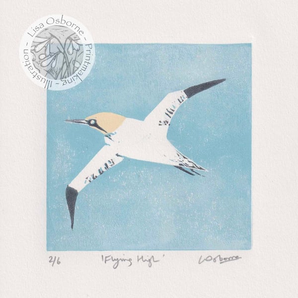 Flying High - original linocut of a gannet - coastal bird