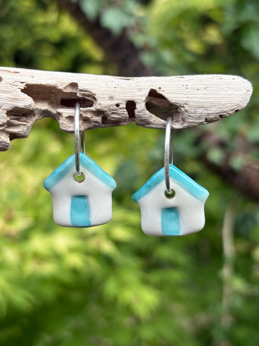 Sterling Silver Endless Hoop Earrings with Handmade Glazed Porcelain Beach Huts