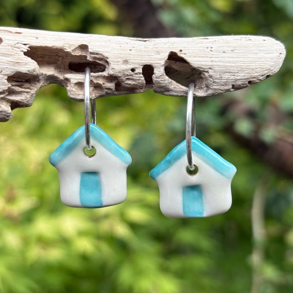 Sterling Silver Endless Hoop Earrings with Handmade Glazed Porcelain Beach Huts