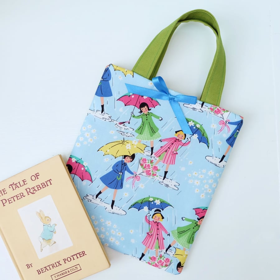 Little Book Bag, Blue Vintage Rain Girls with Umbrellas