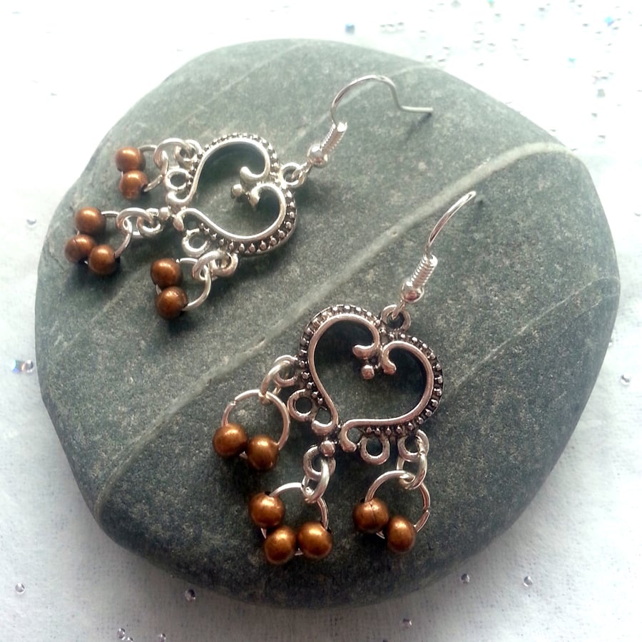 Bronze Bead Heart Chandelier Earrings - Silver Boho Drop Earrings