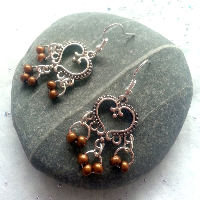 Bronze Bead Heart Chandelier Earrings - Silver Boho Drop Earrings