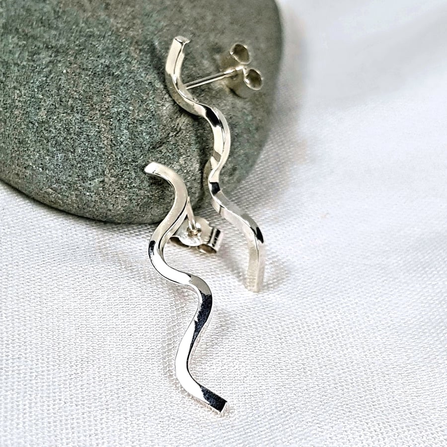 Silver Wave Earrings, Sterling Silver Squiggle Studs, Contemporary Stud Earrings