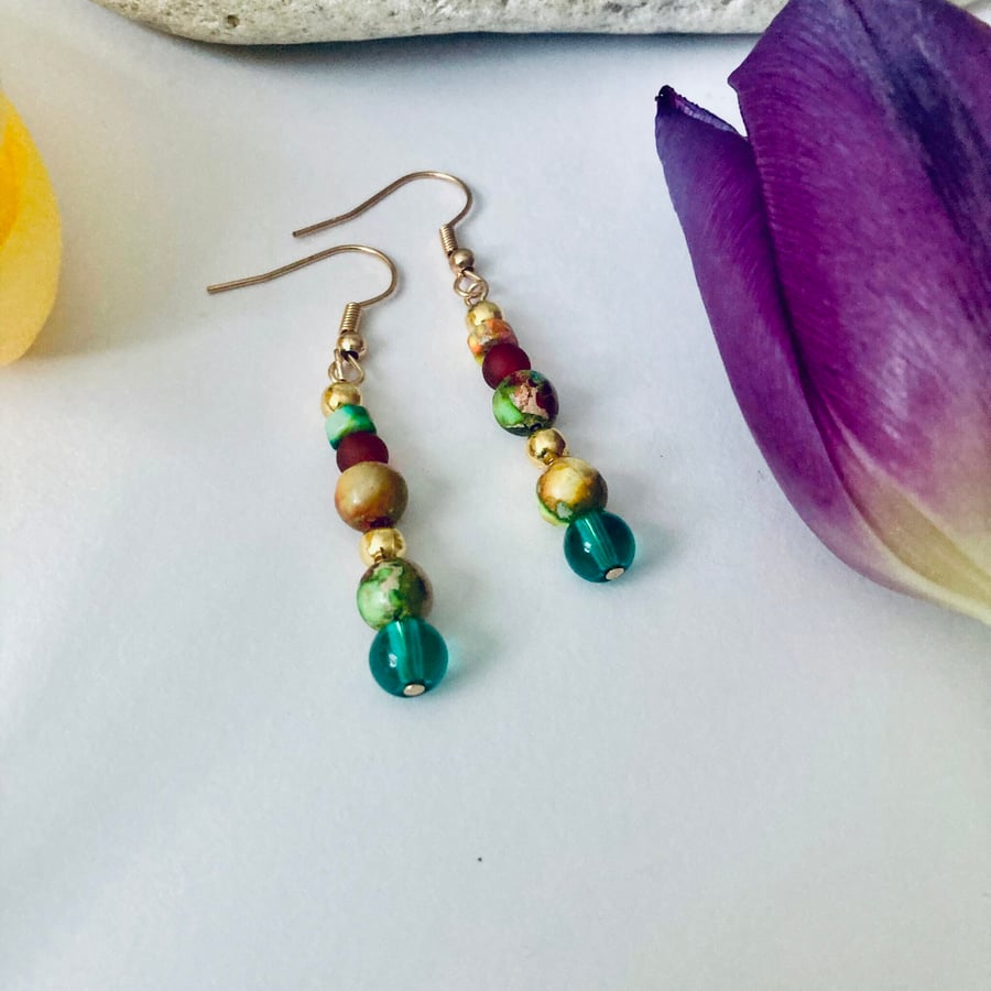Gold Earrings with Natural Imperial Jasper Semi Precious Stone, Freepost