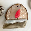Sea Glass Robin On Driftwood Wood Slice Fridge Magnet Christmas Decoration