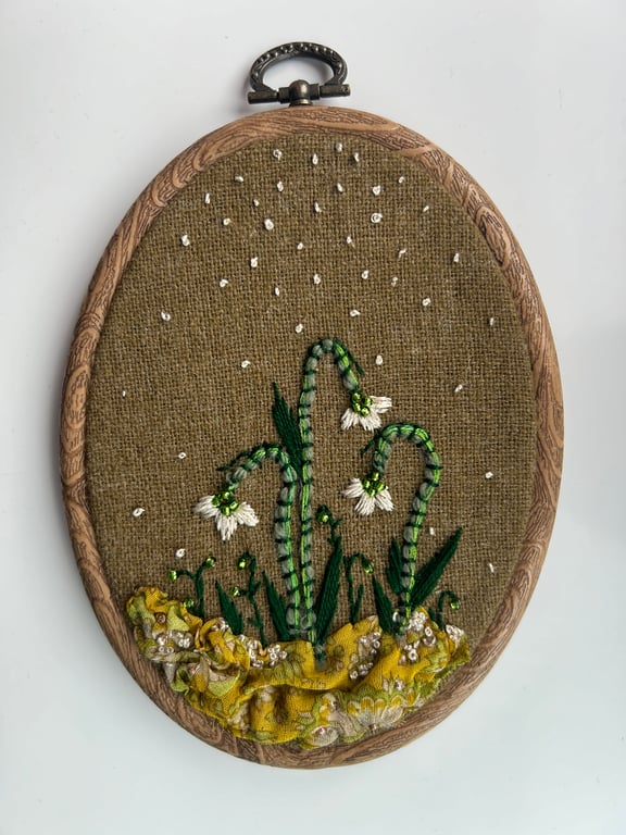 Textile embroidered framed snowdrop piece
