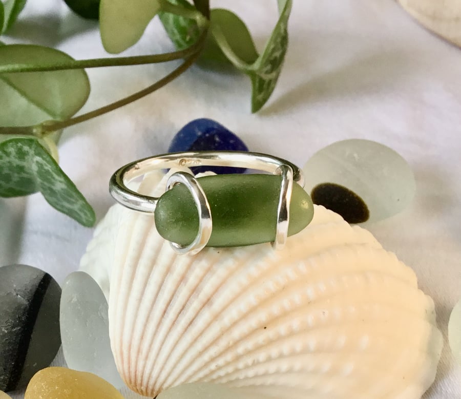 Handcrafted Sterling Silver Tension Set Green Sea Glass Ring, Elegant minimalist