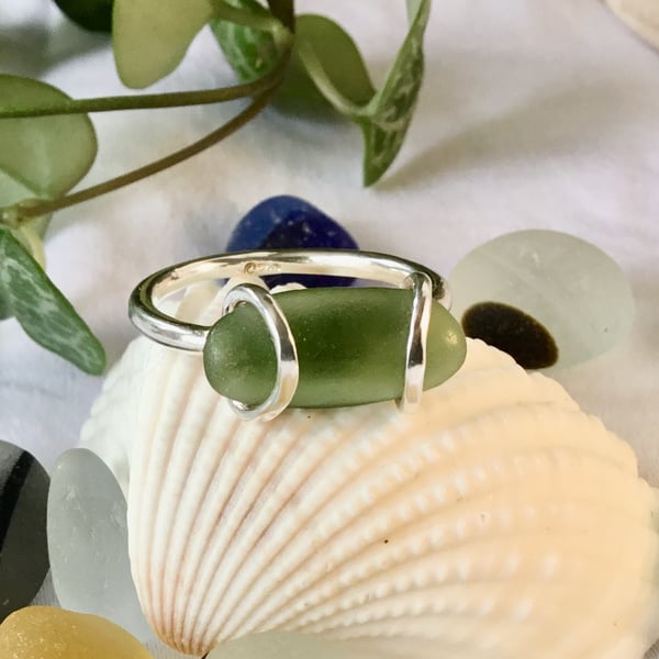 Handcrafted Sterling Silver Tension Set Green Sea Glass Ring, Elegant minimalist