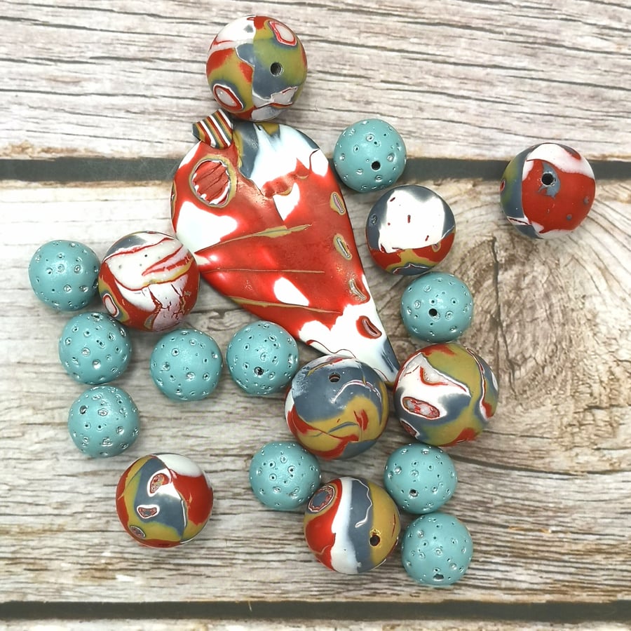 Polymer Clay Beads and Pendant Selection - Red, Blue, Beige and Grey