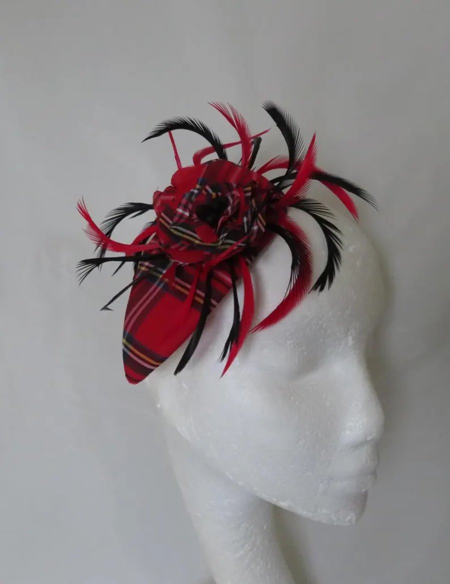 Red and Black Royal Stewart Tartan Teardrop Cocktail Fascinator