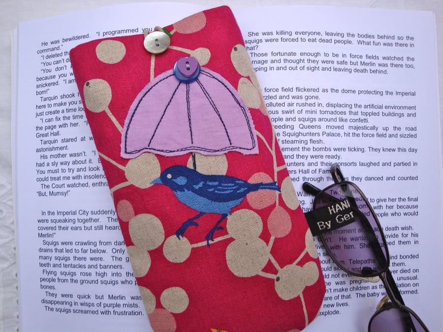 Glasses case - linen - cotton - birds - appliqued umbrella .