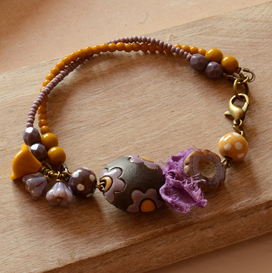 Handmade Purple and Mustard Ceramic & Glass Bead Bracelet