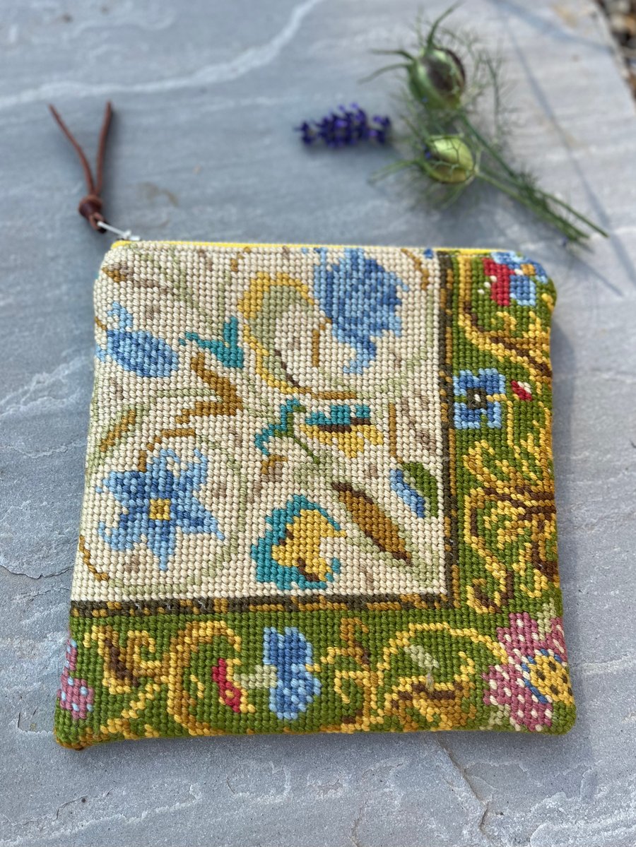 Reclaimed tapestry and linen zip pouch