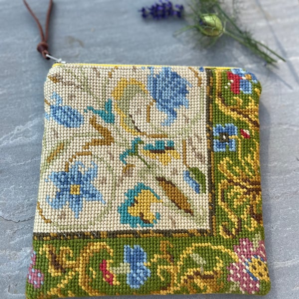 Reclaimed tapestry and linen zip pouch