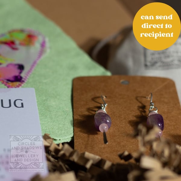 Sterling Silver Amethyst Rose Quartz Earring GiftSet Seed Bomb, Pocket Hug, Card