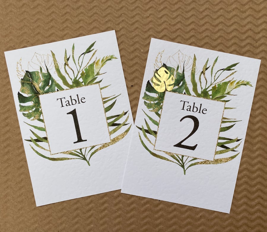 Tropical palm leaf wedding TABLE NUMBERS botanical foliage rustic A6 card