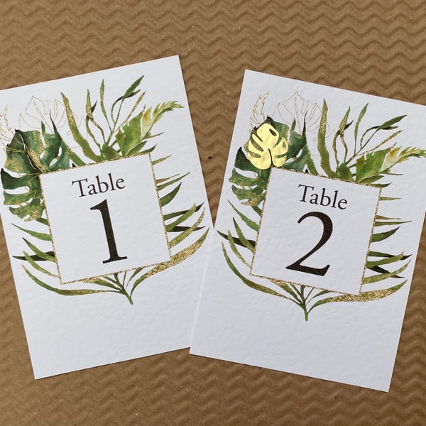 Tropical palm leaf wedding TABLE NUMBERS botanical foliage rustic A6 card