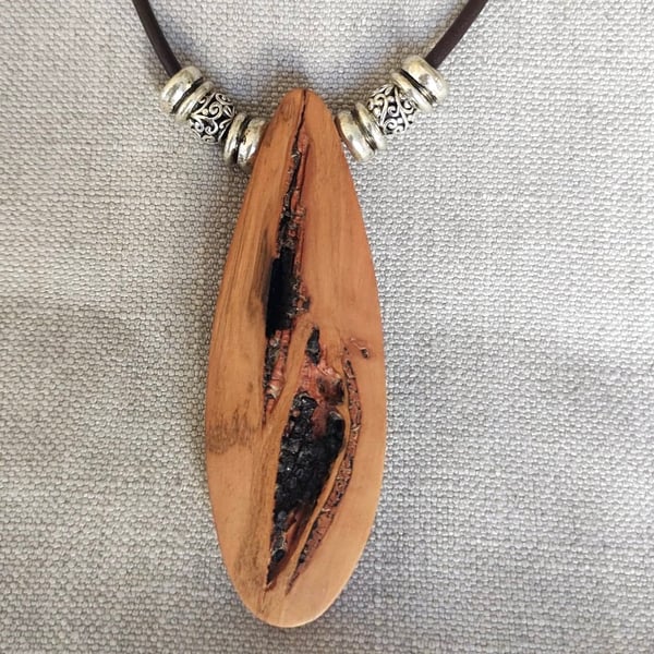 Upcycled Wood Pendant Necklace with Natural Bark Inlay Reclaimed Wood Jewellery