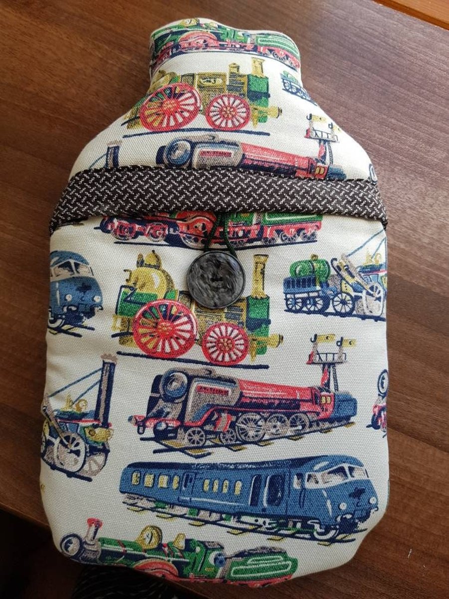 Cath Kidston Trains fabric hot water bottle cover (with bottle)