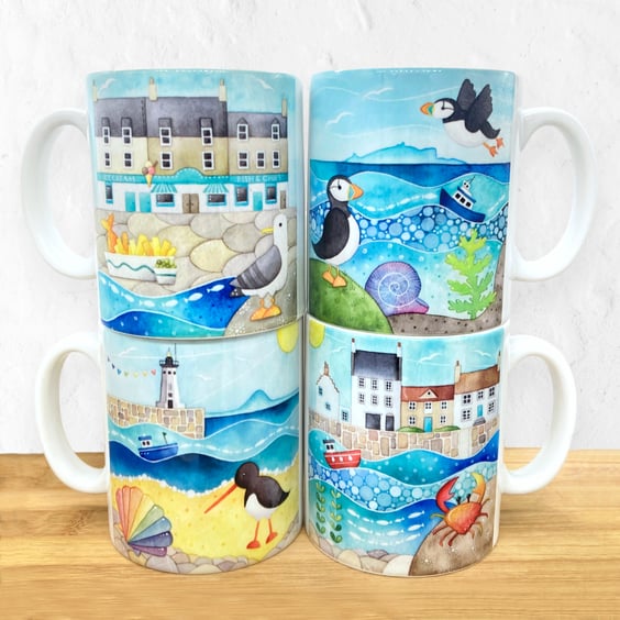 Set of 4 Seaside Mugs - Puffin, Seagull, Crab - Nautical Coastal Kitchen Decor