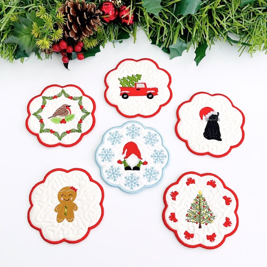 Christmas Embroidered Quilted Cotton Coasters