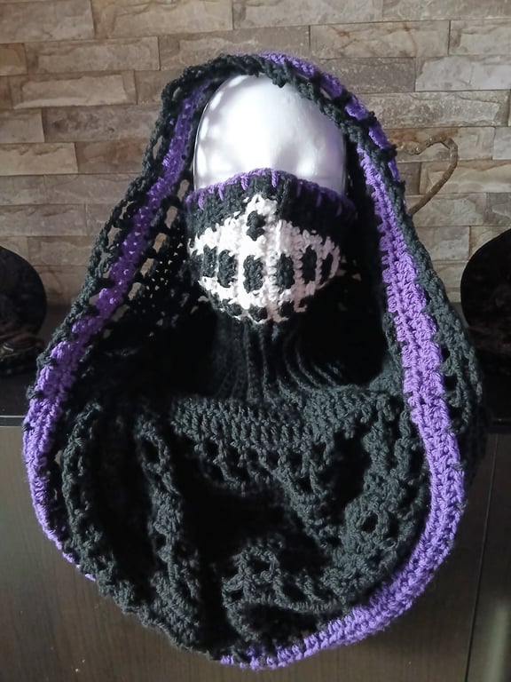 Crocheted Badlands Hood Distressed Hooded Shawl Style Wrap - Purple