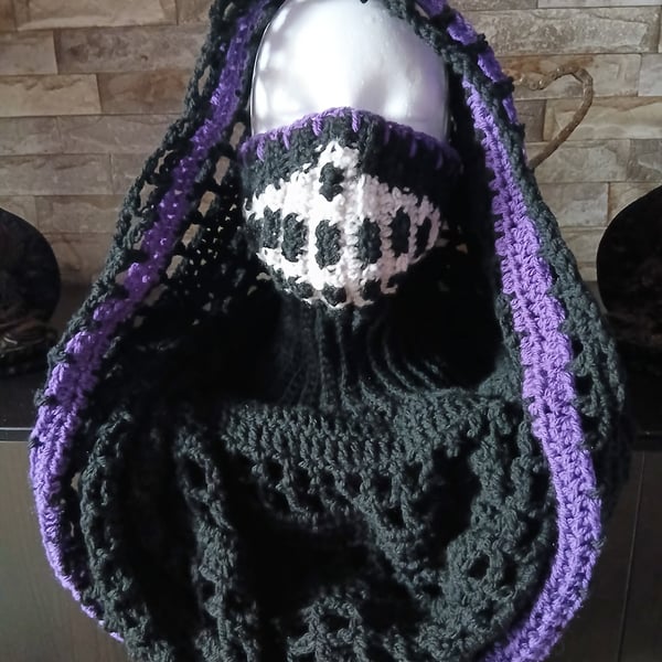 Crocheted Badlands Hood Distressed Hooded Shawl Style Wrap - Purple