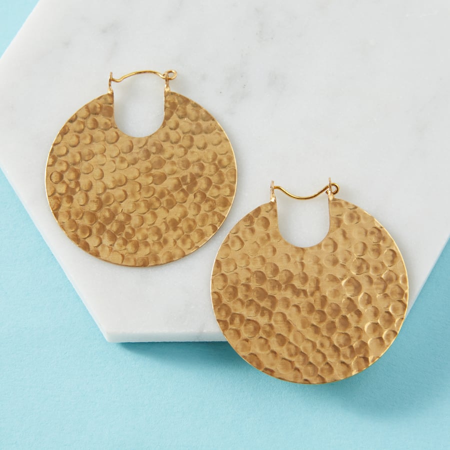 Gold statement earrings - Brass tribal hoop earrings - Round hammered disc