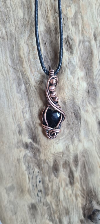 Natural Black Onyx Heart & Copper Necklace Pendant Gift Crystal Jewellery 