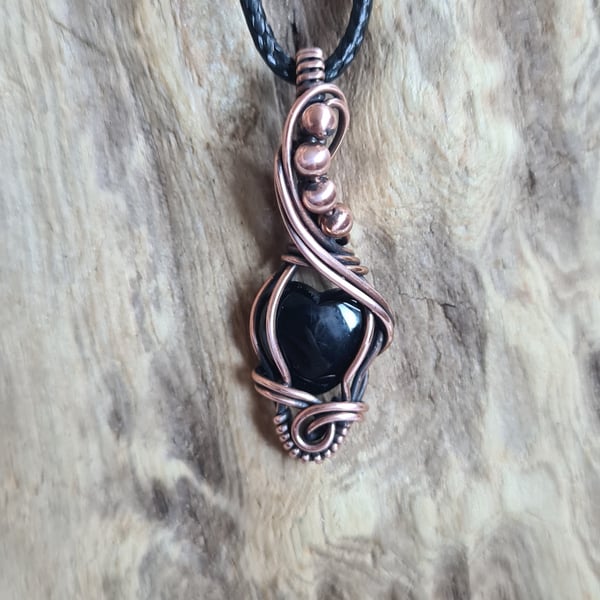 Natural Black Onyx Heart & Copper Necklace Pendant Gift Crystal Jewellery 