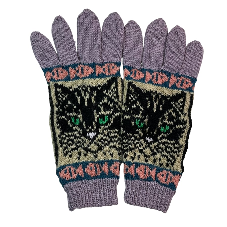  Gloves with cat hand knitted in merino wool, handmade gloves, cat lover gift